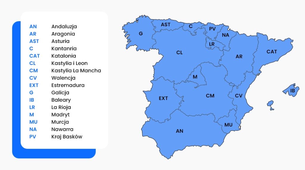 kody regionów na tachografie w Hiszpanii